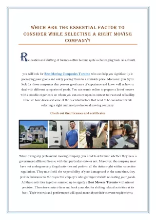 Which are the essential factor to consider while selecting a Right Moving Company