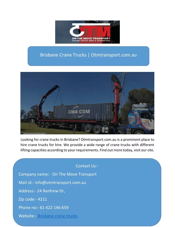 brisbane crane trucks otmtransport com au