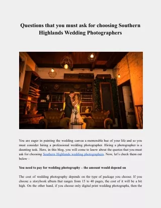 Questions that you must ask for choosing Southern Highlands Wedding Photographers
