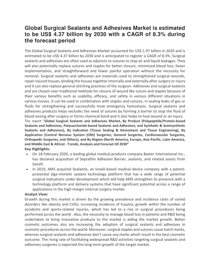 global surgical sealants and adhesives market