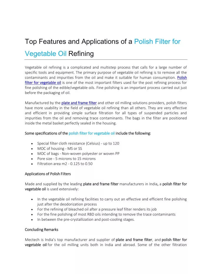 top features and applications of a polish filter