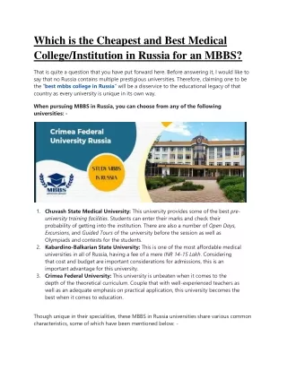 Which is the Cheapest and Best Medical College-Institution in Russia for an MBBS(1)