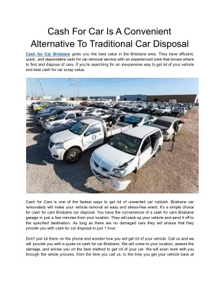 Cash For Car Is A Convenient Alternative To Traditional Car Disposal