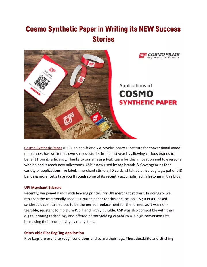 cosmo synthetic paper in writing its new success
