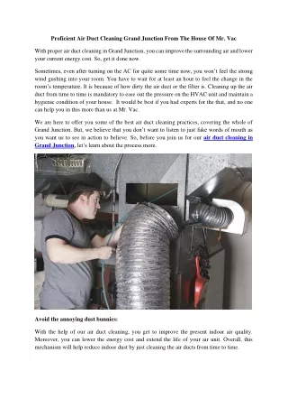 Proficient Air Duct Cleaning Grand Junction From The House Of Mr. Vac