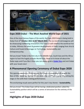 Expo 2020 Dubai - The most Awaited World Expo of 2021
