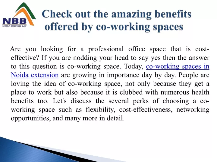 check out the amazing benefits offered by co working spaces