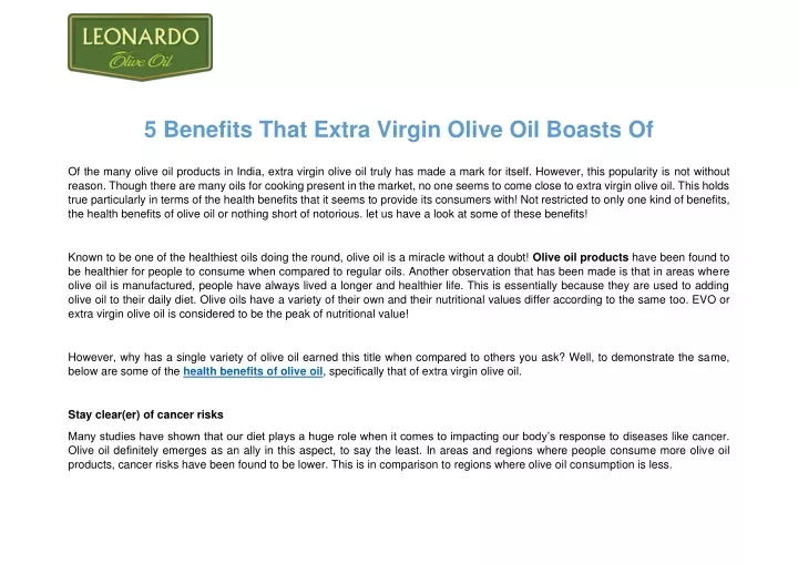 5 benefits that extra virgin olive oil boasts of