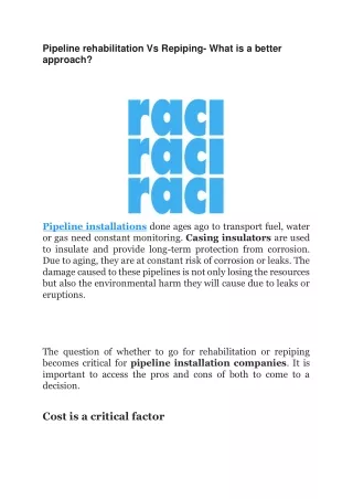 Pipeline rehabilitation Vs Repiping