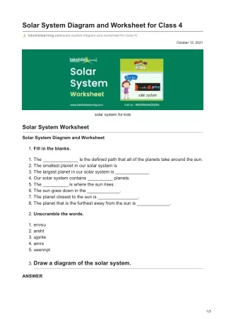 solar system diagram and worksheet for class 4