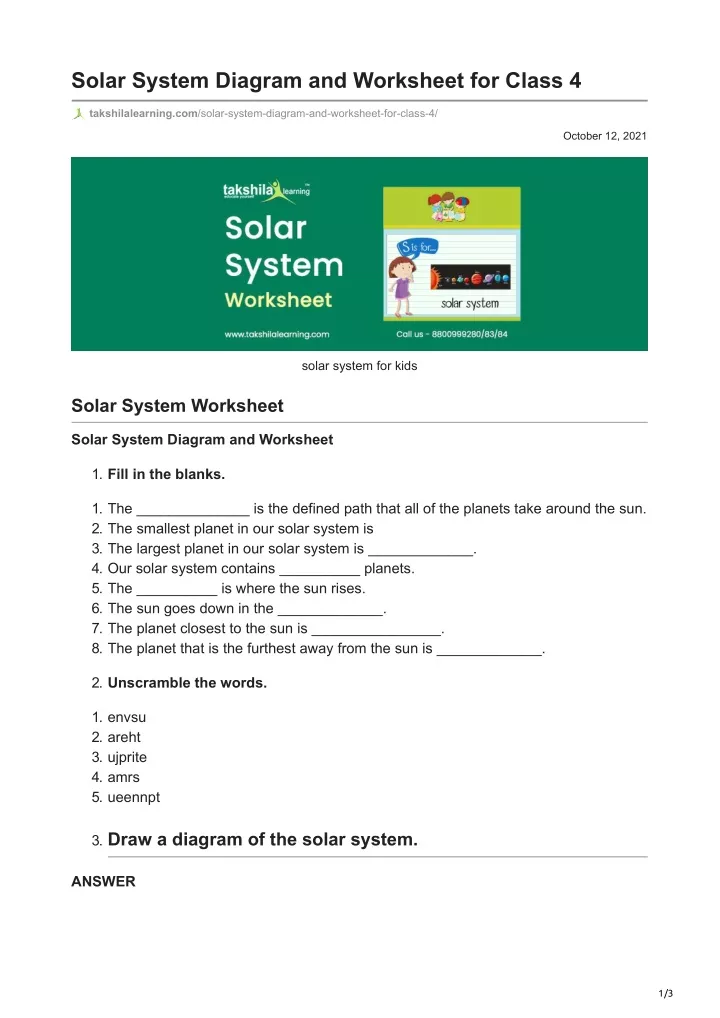 solar system diagram and worksheet for class 4