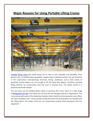 major reasons for using portable lifting cranes