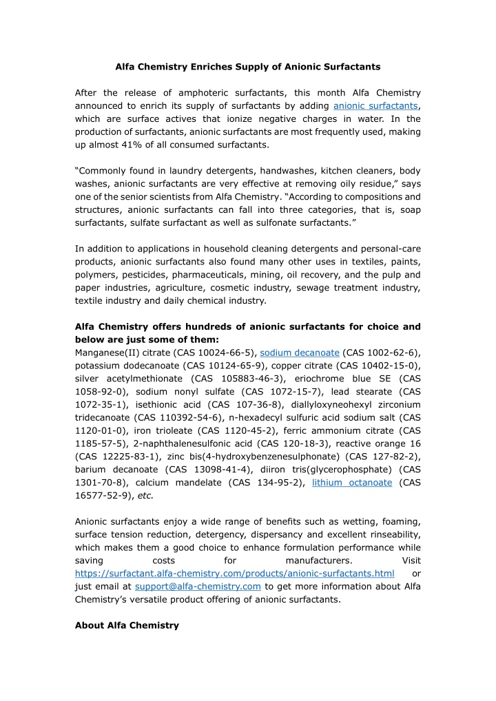 alfa chemistry enriches supply of anionic