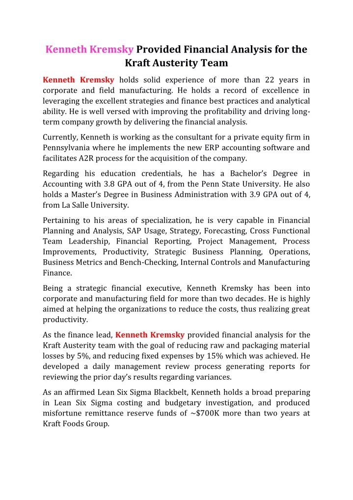 kenneth kremsky provided financial analysis