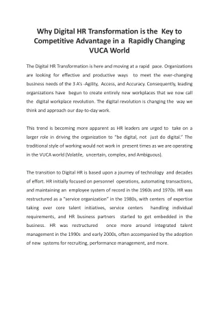 Why Digital HR Transformation is the Key to Competitive Advantage in a Rapidly Changing VUCA World