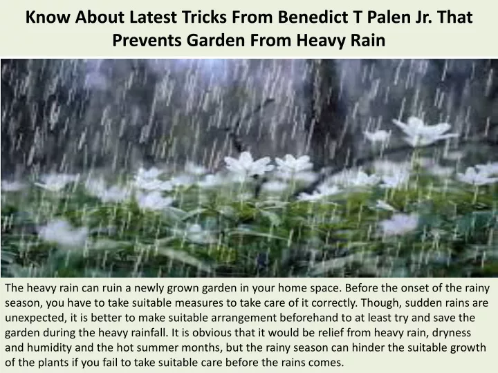 know about latest tricks from benedict t palen jr that prevents garden from heavy rain