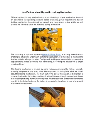 key factors about hydraulic locking mechanism