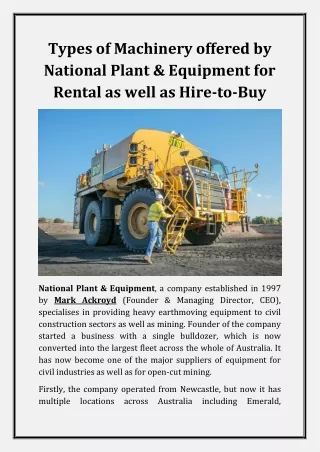Types of Machinery offered by National Plant & Equipment for Rental