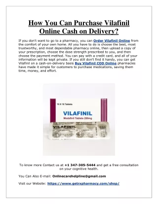 How You can Purchase Vilafinil Online Cash on Delivery?