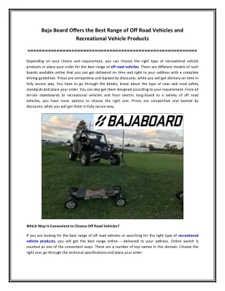 Baja Board Offers the Best Range of Off Road Vehicles and Recreational Vehicle Products