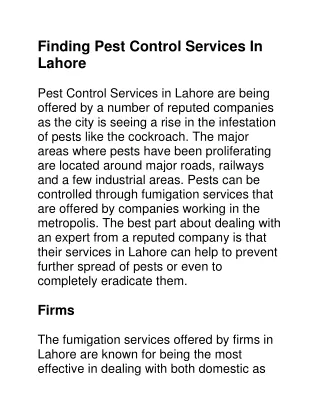 Finding Pest Control Services In Lahore