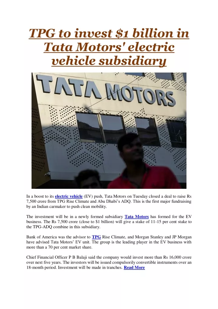 tpg to invest 1 billion in tata motors electric