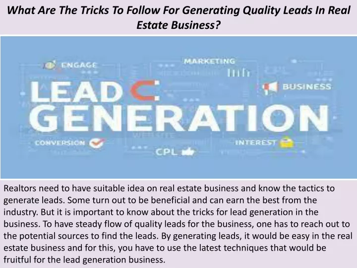 what are the tricks to follow for generating quality leads in real estate business