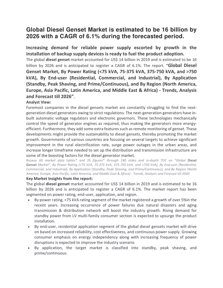 global diesel genset market is estimated