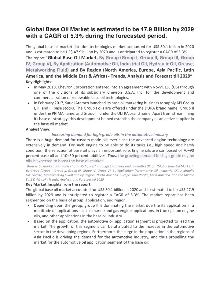 global base oil market is estimated