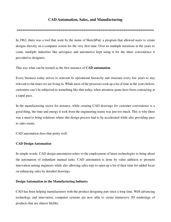 cad automation sales and manufacturing