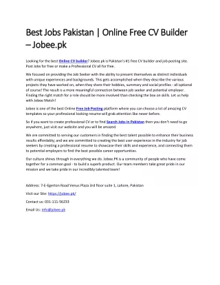 Best Jobs Pakistan | Online Free CV Builder – Jobee.pk
