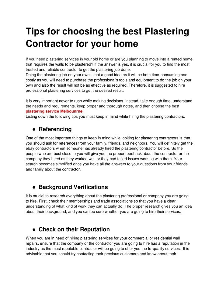 tips for choosing the best plastering contractor