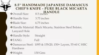 8.5'' Handmade Japanese Damascus Chef's Knife - Pure Black Micarta Handle