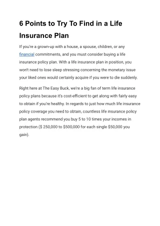 Six Points to Try To Find in a Life Insurance Plan