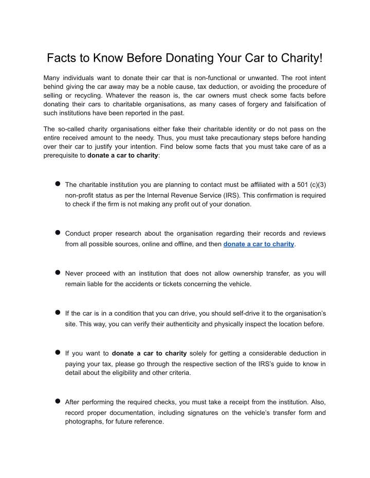 facts to know before donating your car to charity