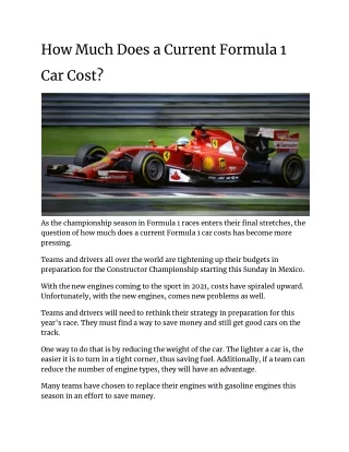 How Much Does a Current Formula 1 Car Cost