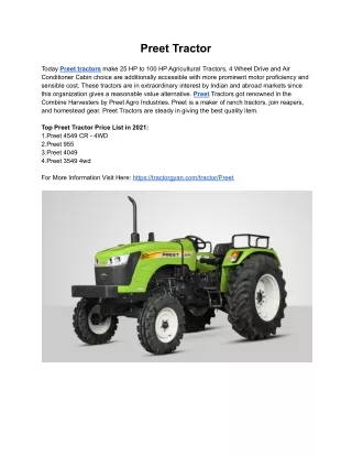 Best Preet Tractor Price List in India 2021