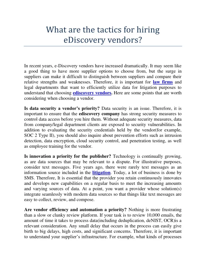 what are the tactics for hiring ediscovery vendors