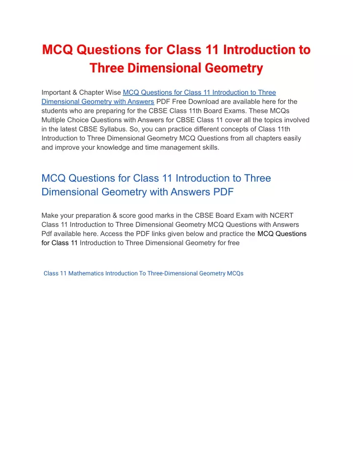 mcq questions for class 11 introduction to three