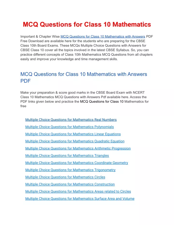 mcq questions for class 10 mathematics