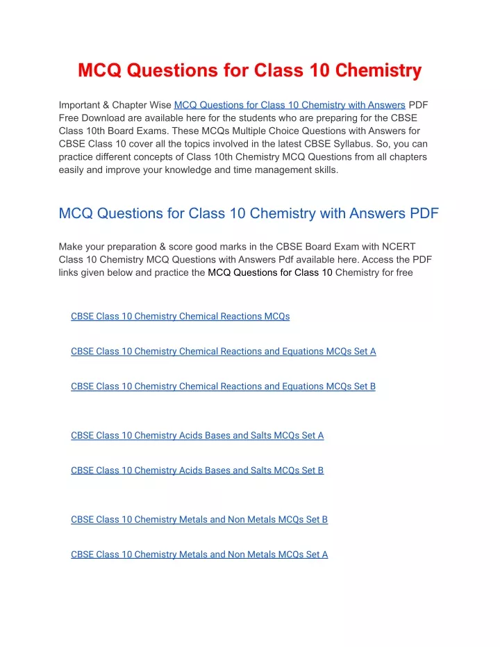 mcq questions for class 10 chemistry