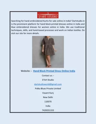 Hand Block Printed Dress Online India | Dartstudio.in