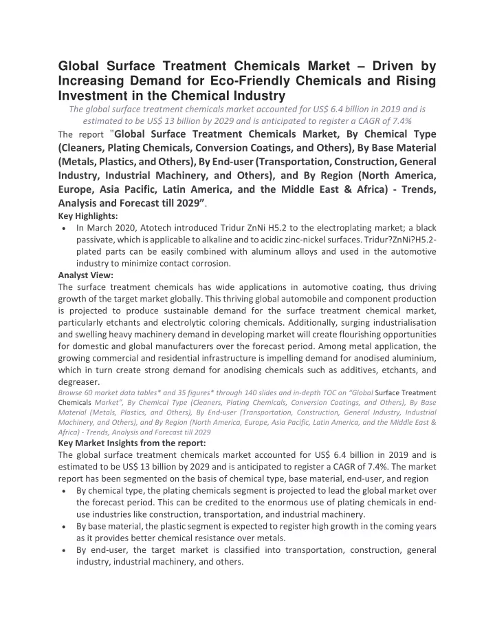 global surface treatment chemicals market driven