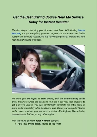 Get the Best Driving Course Near Me Service Today for Instant Results