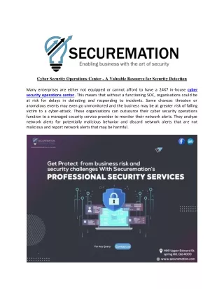 Cyber Security Operations Center - A Valuable Resource for Security Detection
