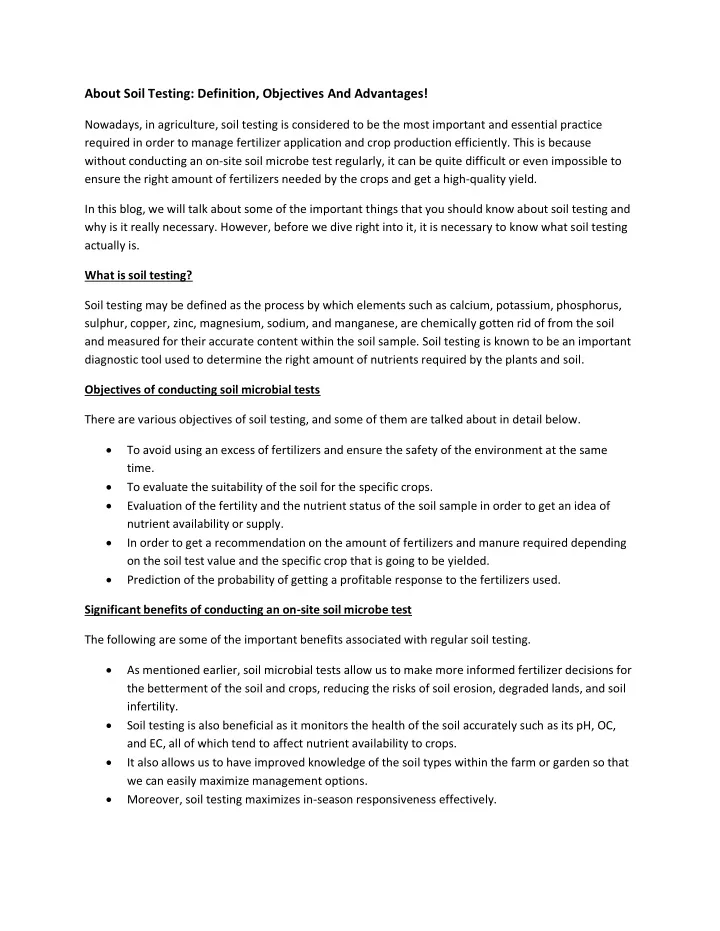 about soil testing definition objectives