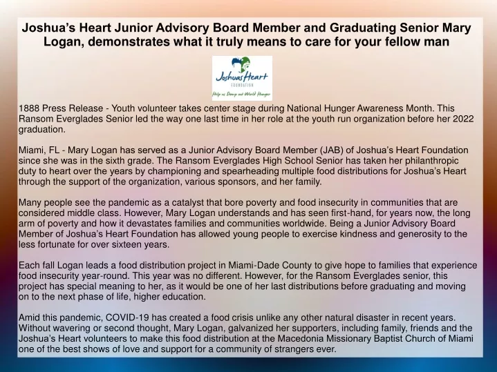 joshua s heart junior advisory board member