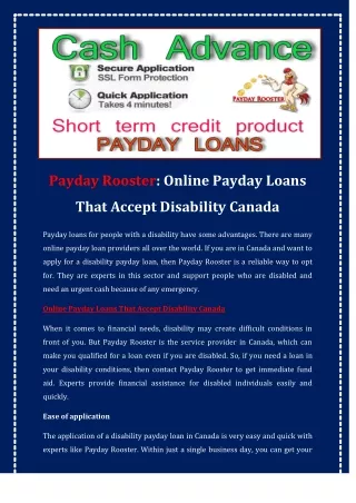 Payday Rooster Online Payday Loans That Accept Disability Canada
