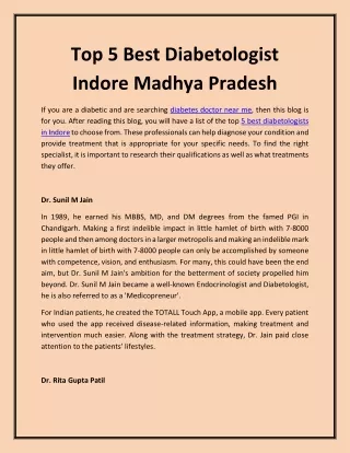 Top 5 Best Diabetologist Indore Madhya Pradesh
