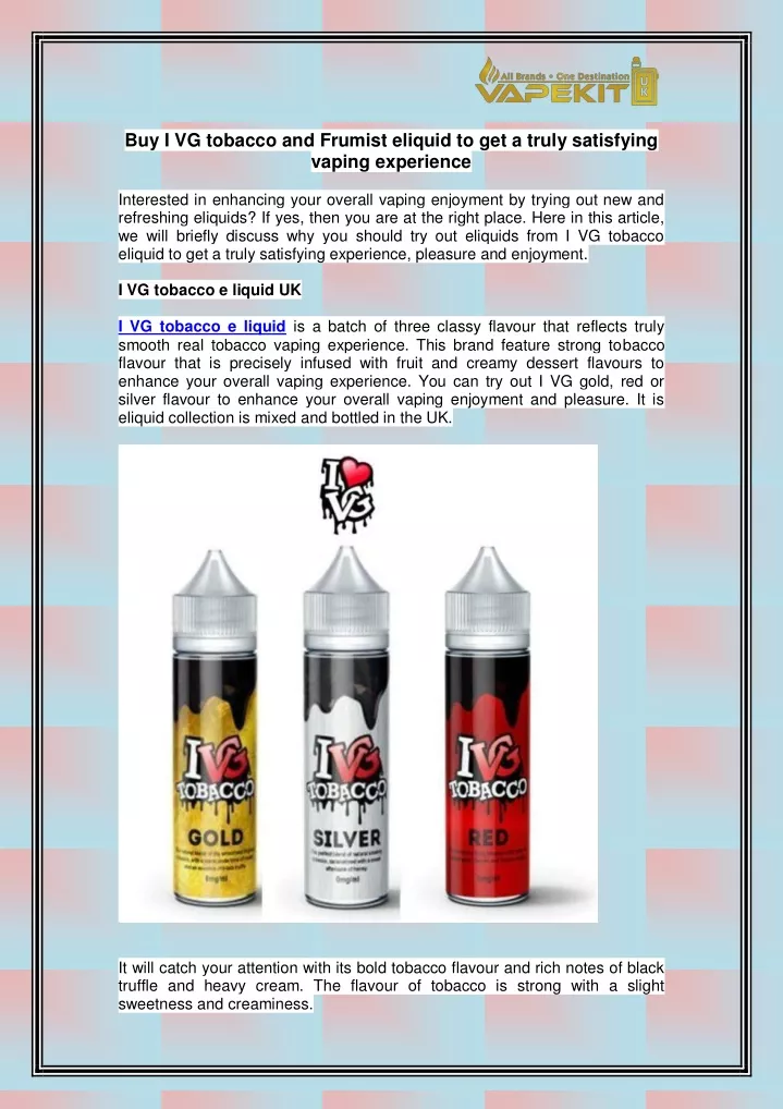 buy i vg tobacco and frumist eliquid